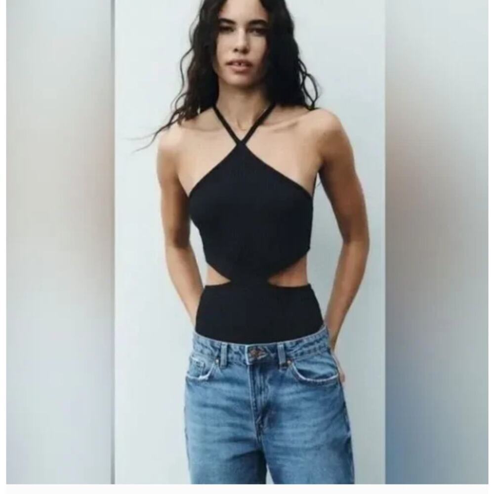 ZARA CUTOUT RIBBED BLACK SLEEVELESS BODYSUIT NEW LARGE